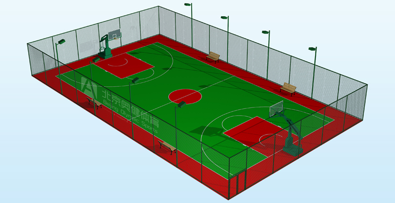 塑膠籃球場效果圖圖片，帶圍網(wǎng)燈光籃球架，